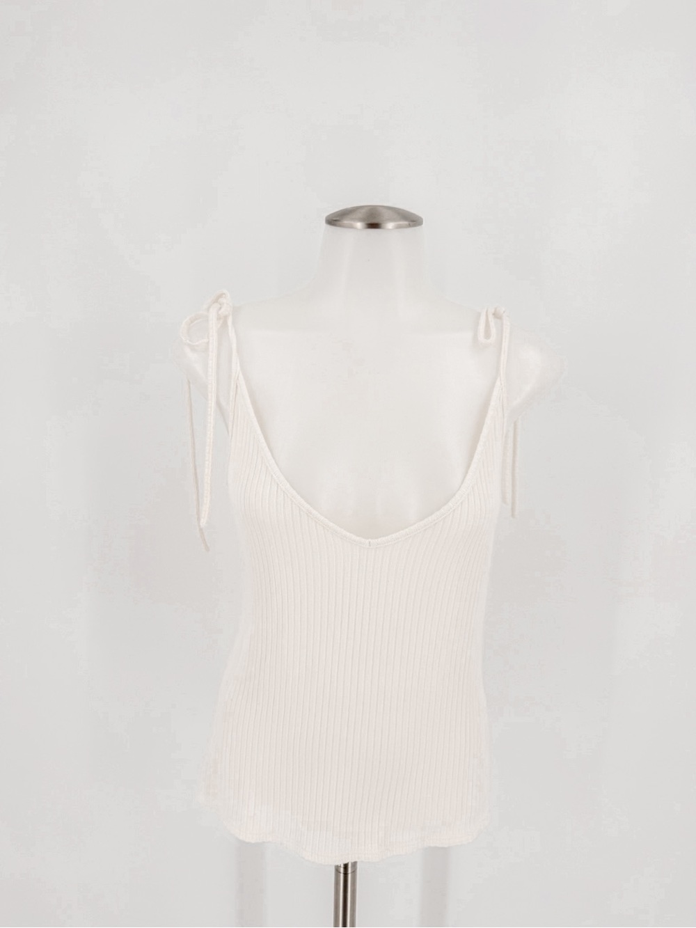 Reformation Cream Ribbed Tie-Shoulder Tank Top - Picture 1 of 6